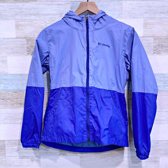 Columbia Hooded Windbreaker Rain Jacket Purple Full Zip Nylon Youth Girls Large - Picture 1 of 9